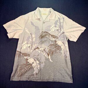 Tommy Bahama 100% Silk Palm Leaf Print Button Mens Shirt Sz L Casual Beach EUC